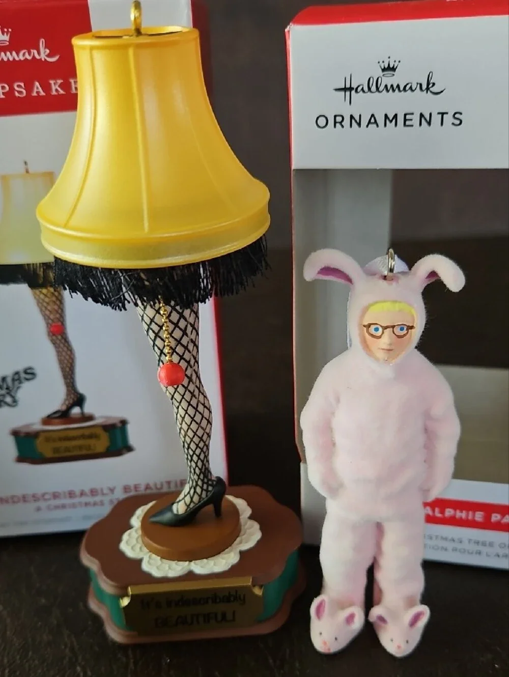 Hallmark A Christmas Story yellow leg lamp and pink bunny Ralphie ornaments